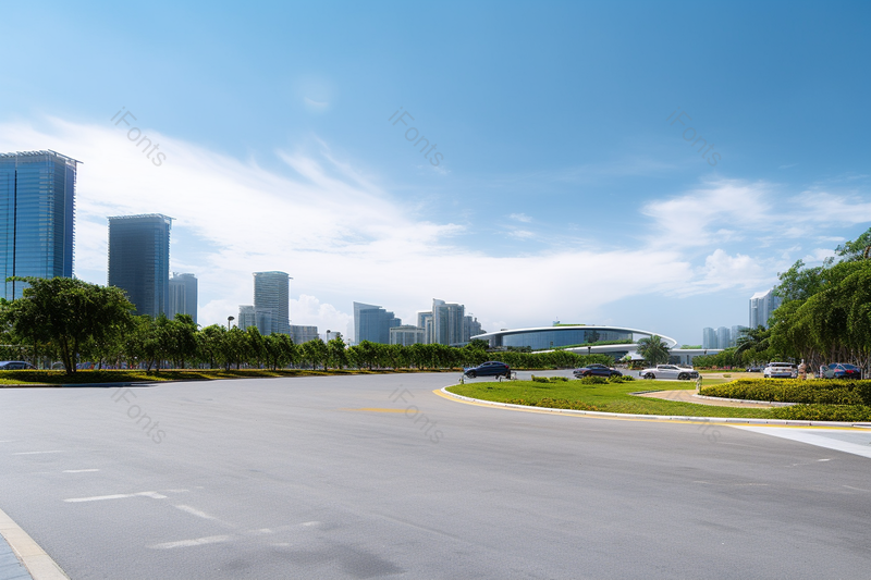 蓝天白云下的建筑公路街道户外草坪实拍摄影图,高清,摄影图,摄影图片,图片大全,摄影图免费下载